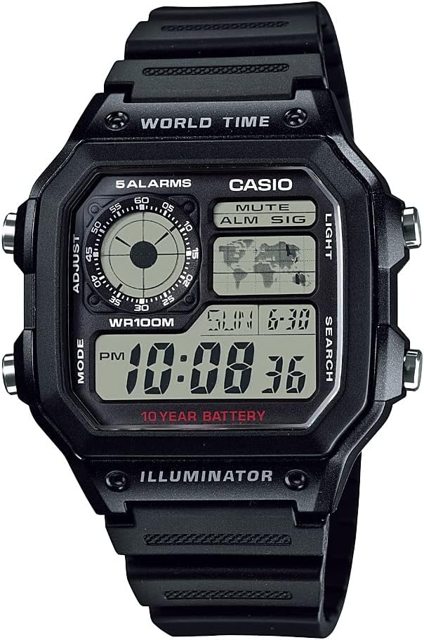 Casio AE1200WH-1A black resin world-time digital watch with LCD and world map face