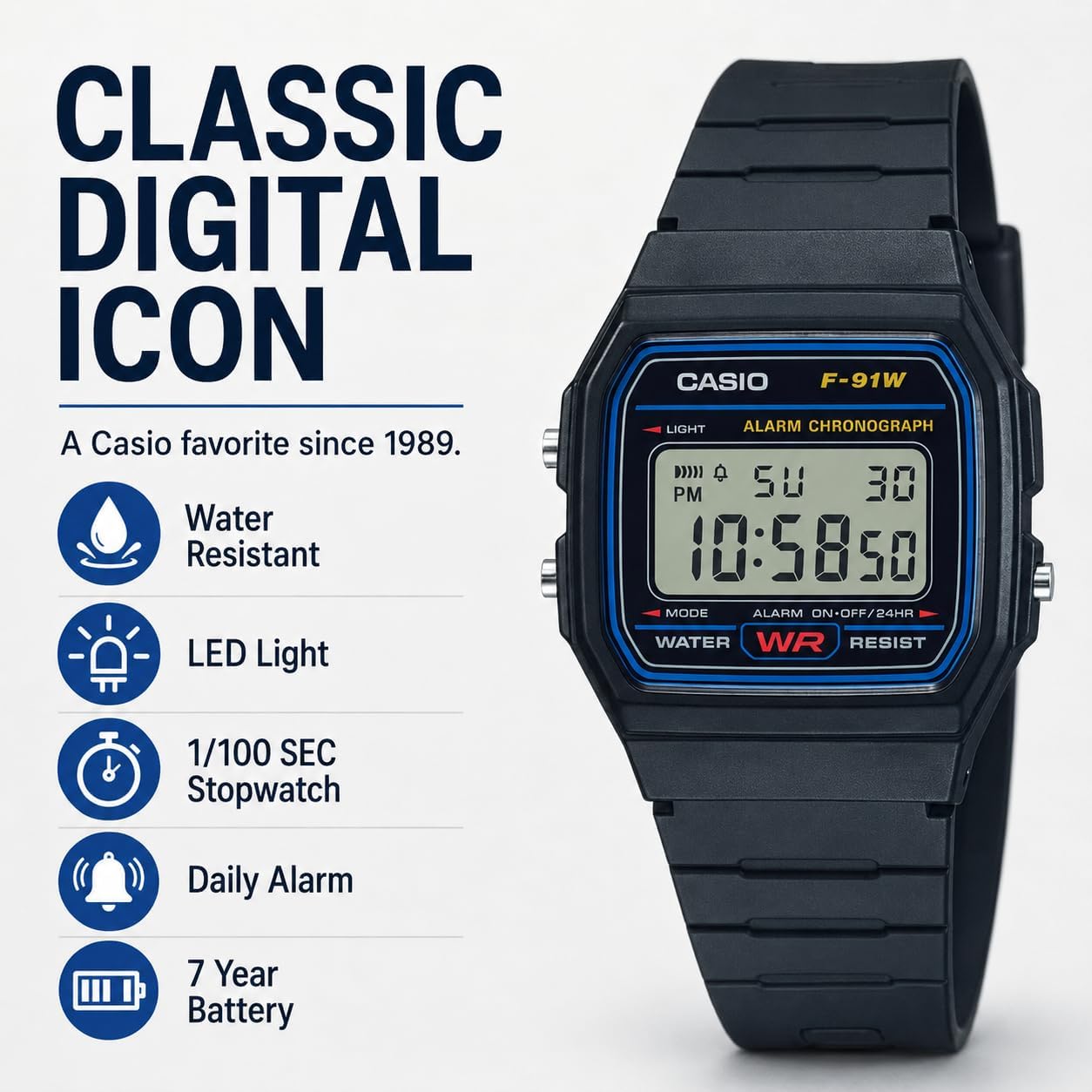 Casio F-91W features: water resistant, LED light, stopwatch, daily alarm