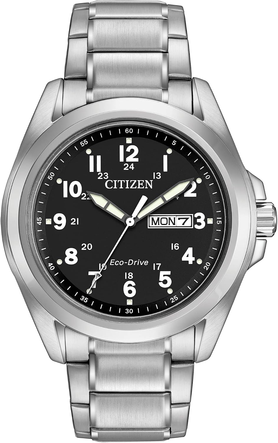 Citizen Eco-Drive Garrison AW0050-82E field watch with black dial, Arabic markers, and stainless steel bracelet