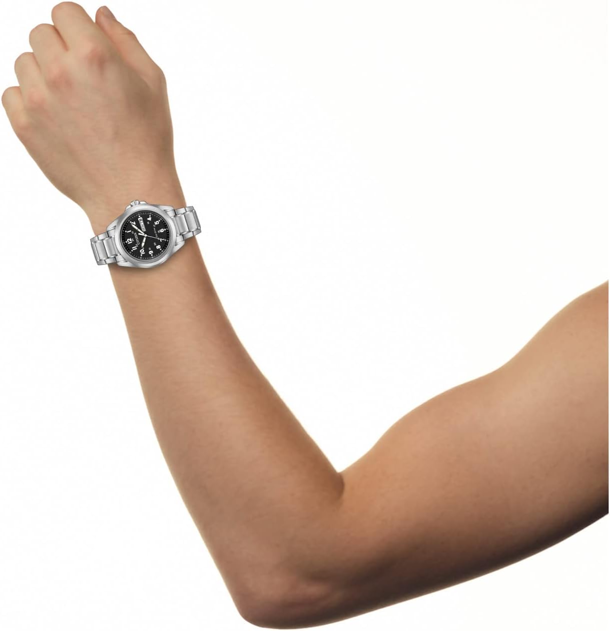 Citizen Eco-Drive Garrison AW0050-82E on wrist showing black dial scale and steel bracelet