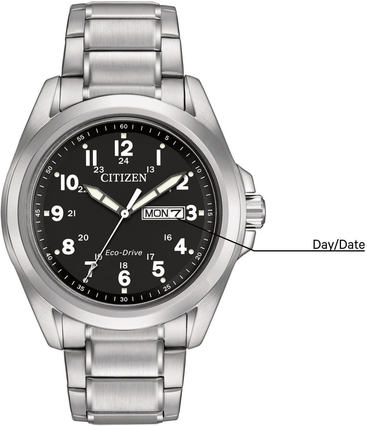 Citizen Eco-Drive Garrison AW0050-82E black dial with day/date callout and steel bracelet