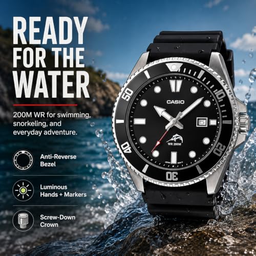 Casio Duro MDV-106 on wet rocks near water highlighting dive-style water resistance