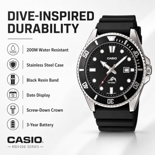 Casio MDV-106 series feature graphic highlighting 200M water resistance and steel case