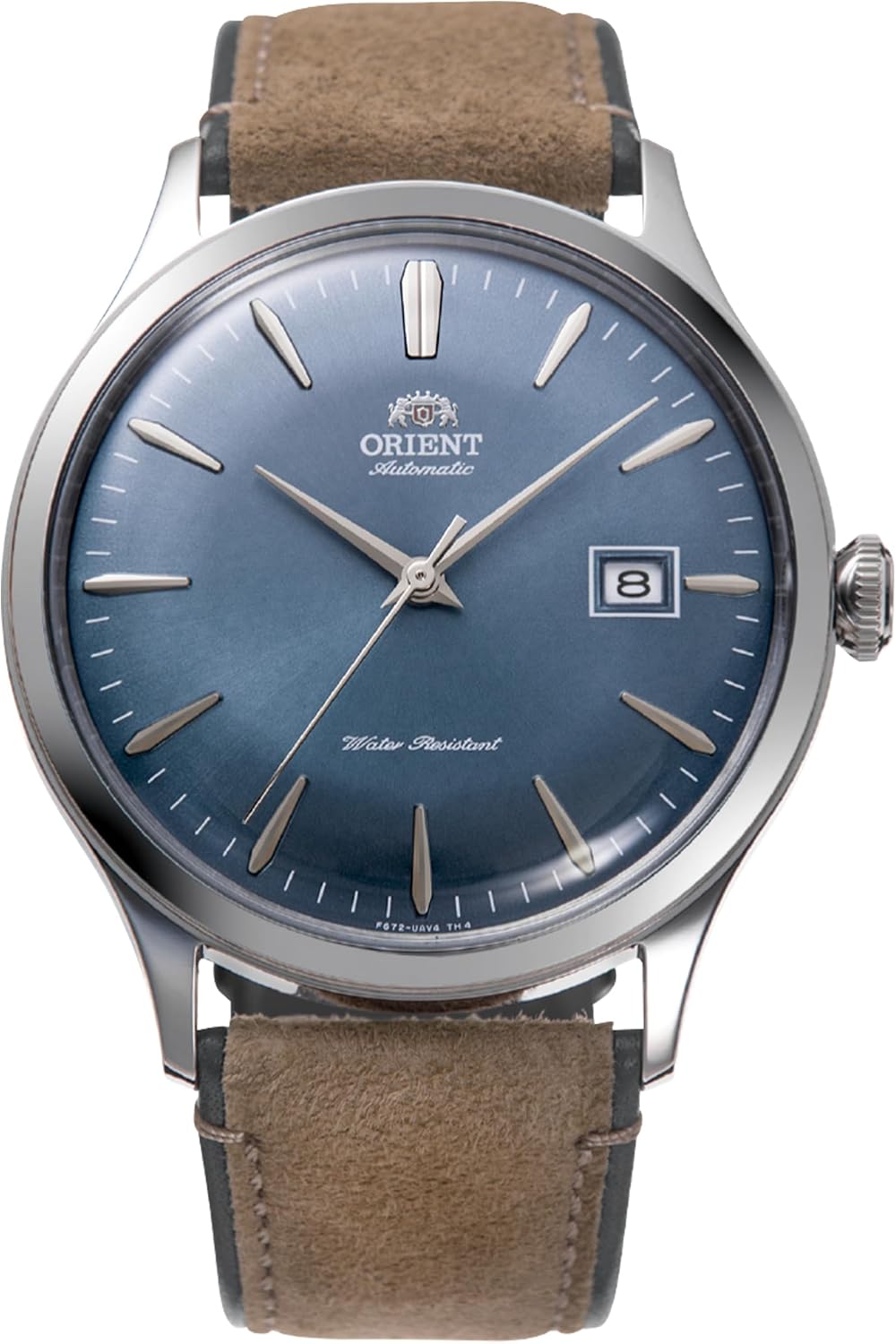 Orient Bambino Version 4 sky blue dial on blue suede-type strap, official product photo