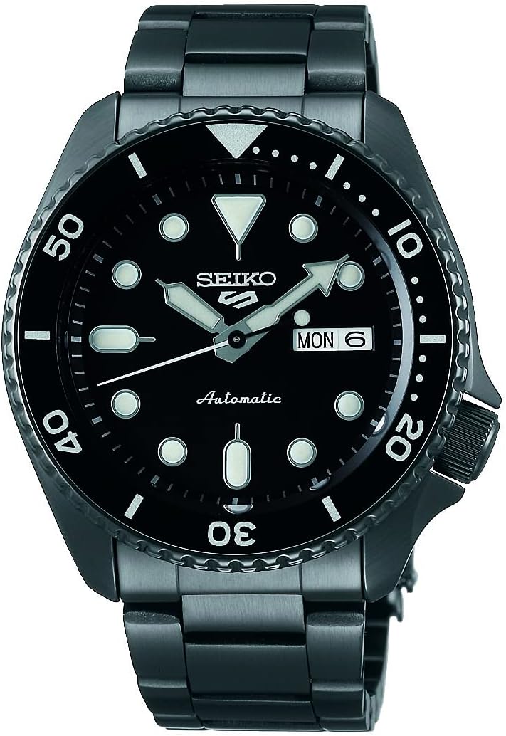 Seiko 5 Sports SRPD65 black ion automatic with black dial, day-date, and rotating bezel