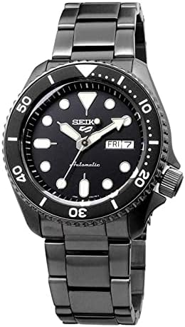 Seiko 5 Sports SRPD65 black ion automatic angled front view on white background