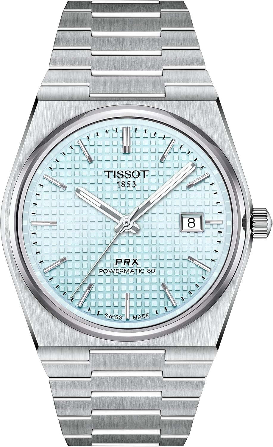 Tissot PRX Powermatic 80 ice-blue waffle dial, 40 mm steel, official product photo