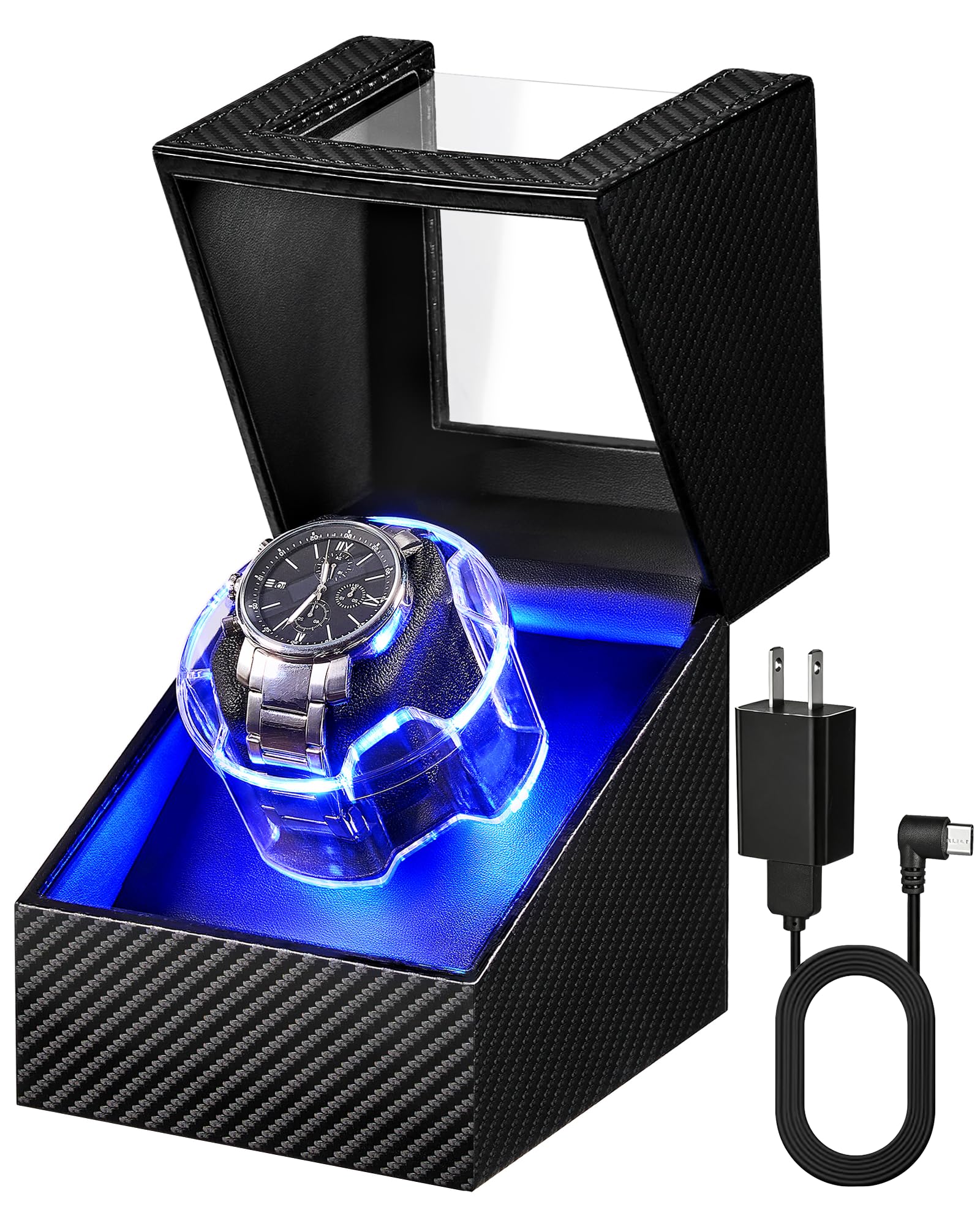 UnaMela single watch winder three-quarter angle showing black carbon fiber case, acrylic lid, and watch pillow