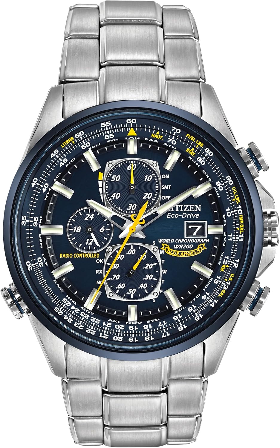 Citizen AT8020-54L Blue Angels Eco-Drive chronograph with a blue dial, silver-tone steel case and bracelet