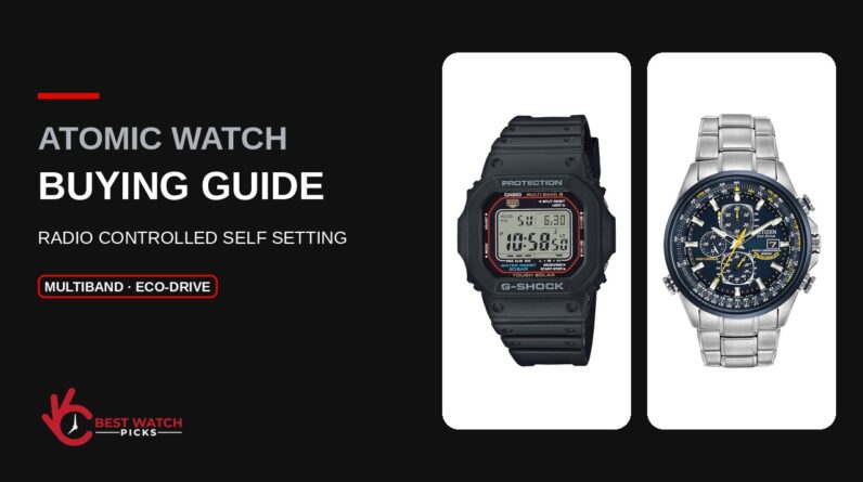 Casio G-Shock GW-M5610U and Citizen AT8020-54L on white cards beside the title Atomic Watch Buying Guide