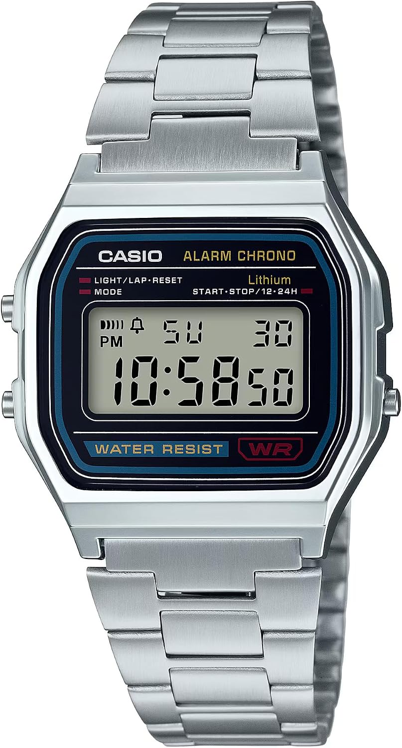 Casio A158WA-1DF silver stainless-bracelet vintage digital watch with black LCD face
