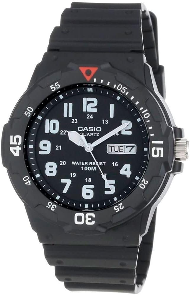 Casio MRW-200H-1BV black resin diver-style analog watch with black dial and rotating bezel