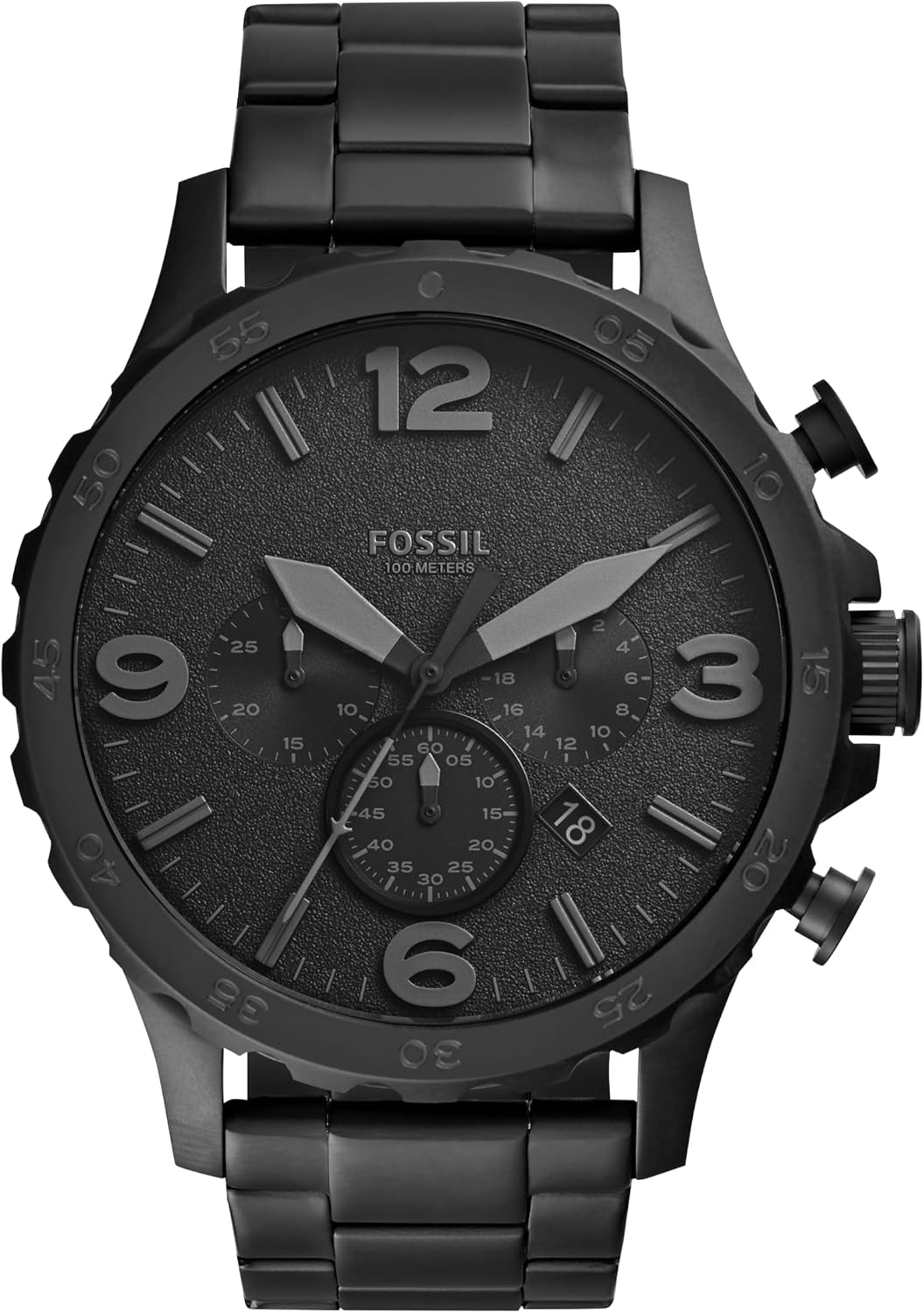 Fossil Nate JR1401 chronograph in black stainless steel with a matte black dial, large gray Arabic numerals, three subdials, a date window and a black link bracelet