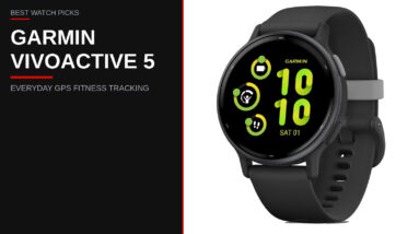 Garmin Vivoactive 5 in Black with a slate aluminum bezel, a round AMOLED watch face showing the time and activity rings, and a black silicone band
