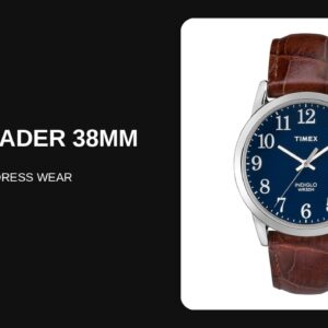 Timex Easy Reader 38mm TW2R63800 with a blue dial, silver-tone brass case and brown leather strap on a Best Watch Picks review card