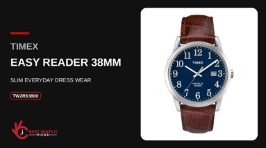 Timex Easy Reader 38mm TW2R63800 with a blue dial, silver-tone brass case and brown leather strap on a Best Watch Picks review card