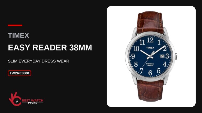 Timex Easy Reader 38mm TW2R63800 with a blue dial, silver-tone brass case and brown leather strap on a Best Watch Picks review card
