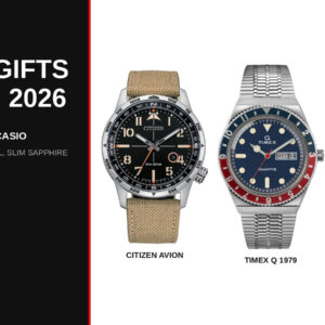 Citizen Avion, Timex Q 1979 Reissue and Casio Edifice EFB-108D-7AV watches side by side next to the title Watch Gifts for Him 2026